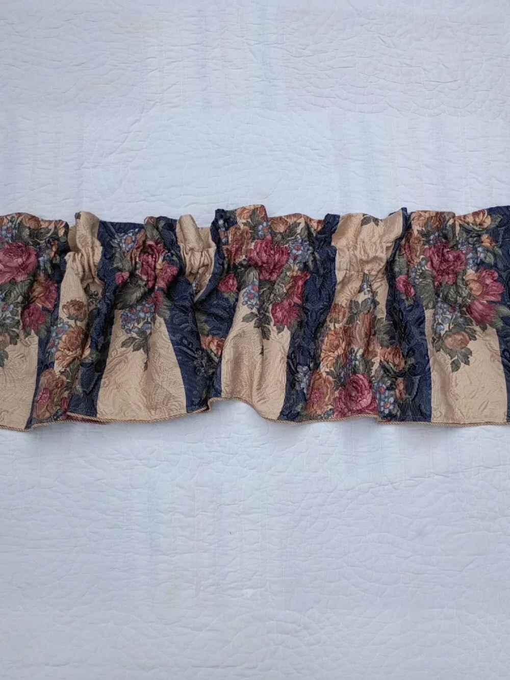 Vintage JC Penney Curtain Valances Heavy Tapestry Blue Beige Floral Stripe PAIR